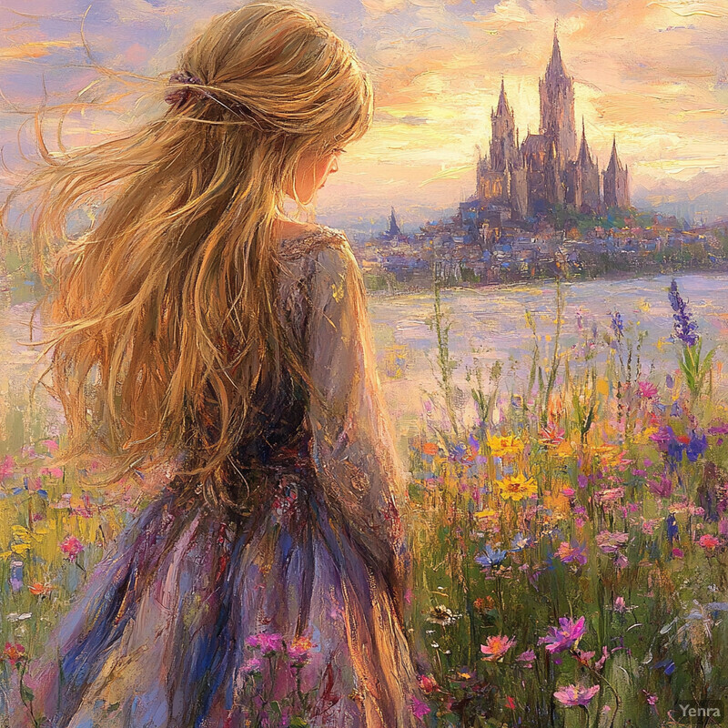 A serene scene of a woman standing in a field of wildflowers, gazing out at a distant castle.