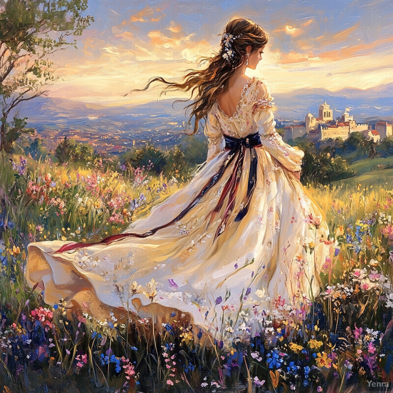 A woman stands in a field of wildflowers, gazing out at a distant cityscape.