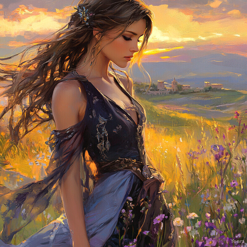 A woman stands in a field of wildflowers, gazing out at the sunset.