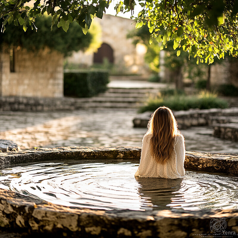 A woman sits in a shallow pool of water, surrounded by lush greenery and stone structures.