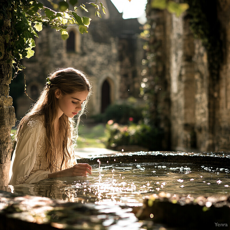 A woman stands in water, surrounded by greenery and stone walls, lost in thought as she gazes at the sparkling water.