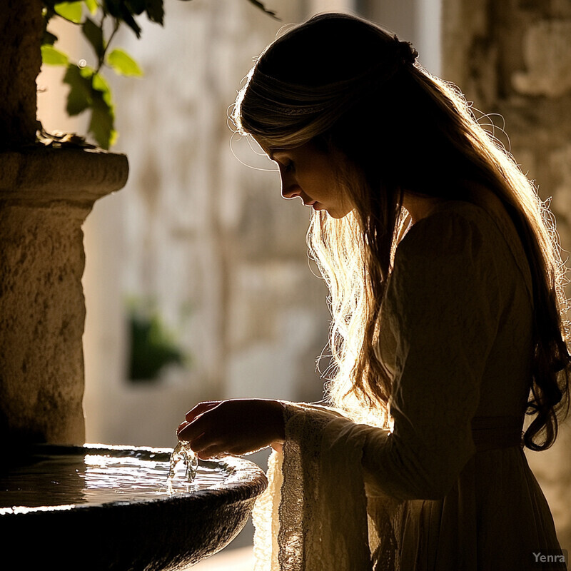 A serene scene of a woman in a white dress standing in front of an ornate stone wall surrounded by greenery.