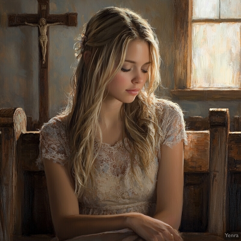 A young woman sits in a church pew, her head bowed and hands clasped together.