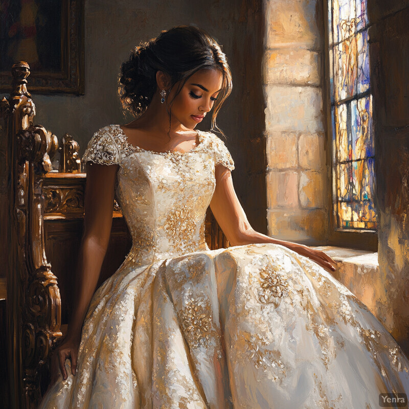 A woman in a white wedding dress sits by a window, surrounded by traditional decor.