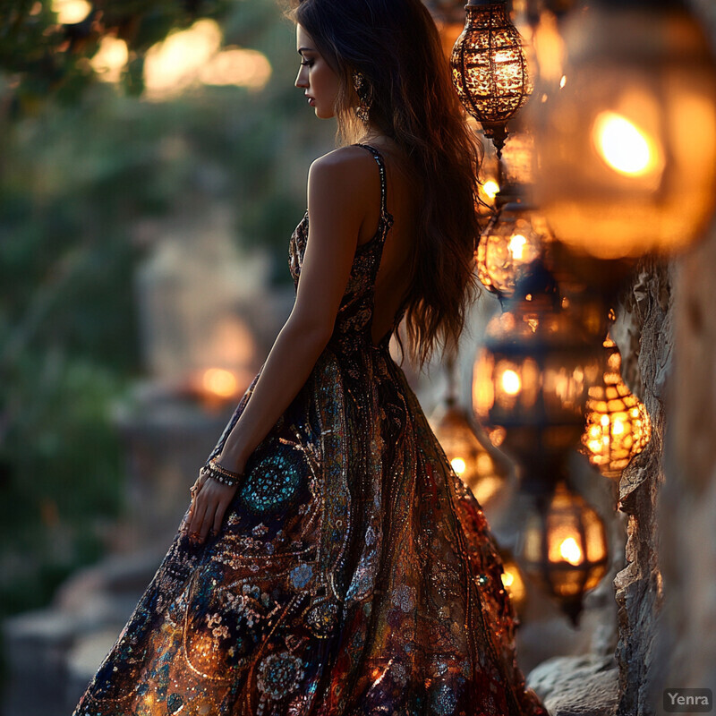 Woman in intricately designed dress standing against a stone wall with lanterns