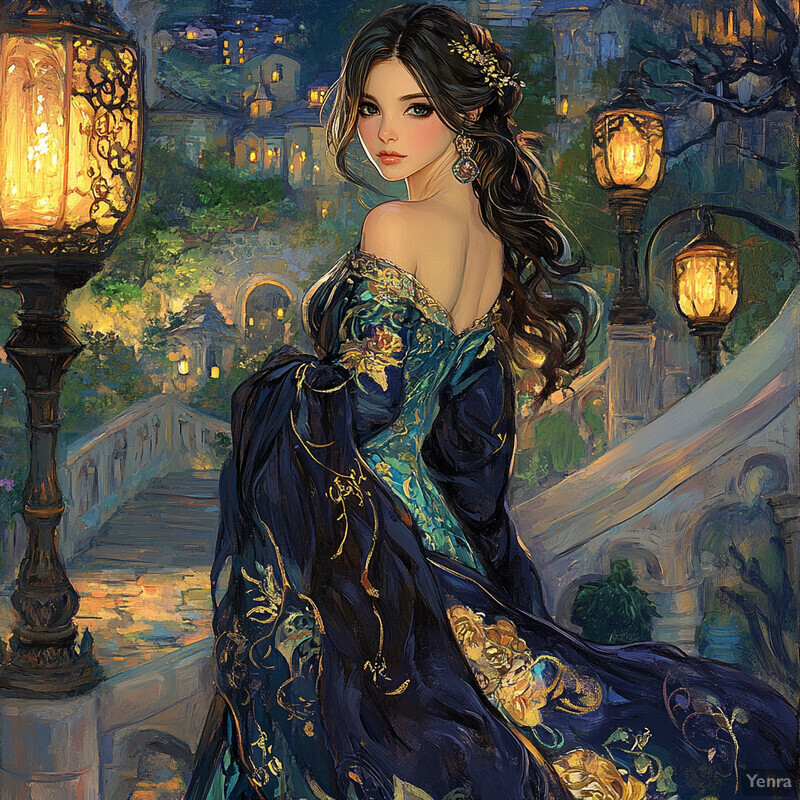 A woman in a blue dress stands on a bridge at night, looking over her shoulder directly at the viewer.