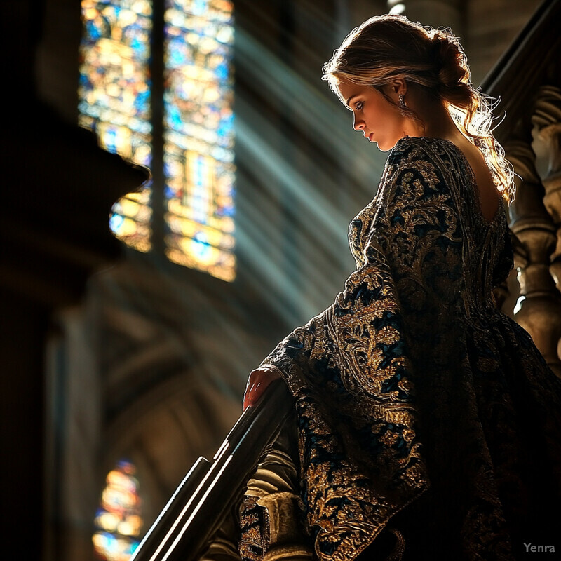 A woman stands in front of a stained glass window, exuding refinement and poise.