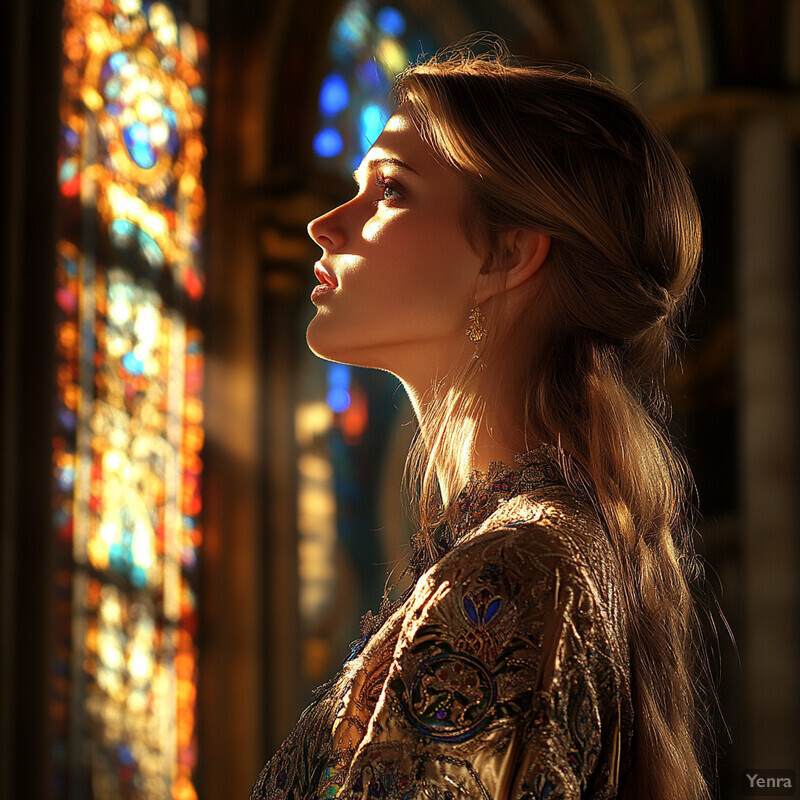 A woman stands in front of a stained glass window, wearing an ornate gold dress.