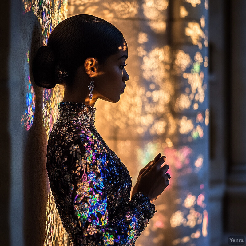 A woman stands confidently in front of a stained glass window, dressed in a elegant floral-patterned dress and accessorized with earrings and a ring.