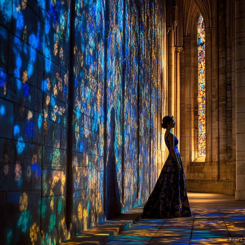 A woman stands in front of stained glass windows in an ornate stone room.