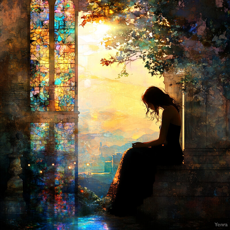 A woman sits by a window, lost in thought, surrounded by natural beauty.