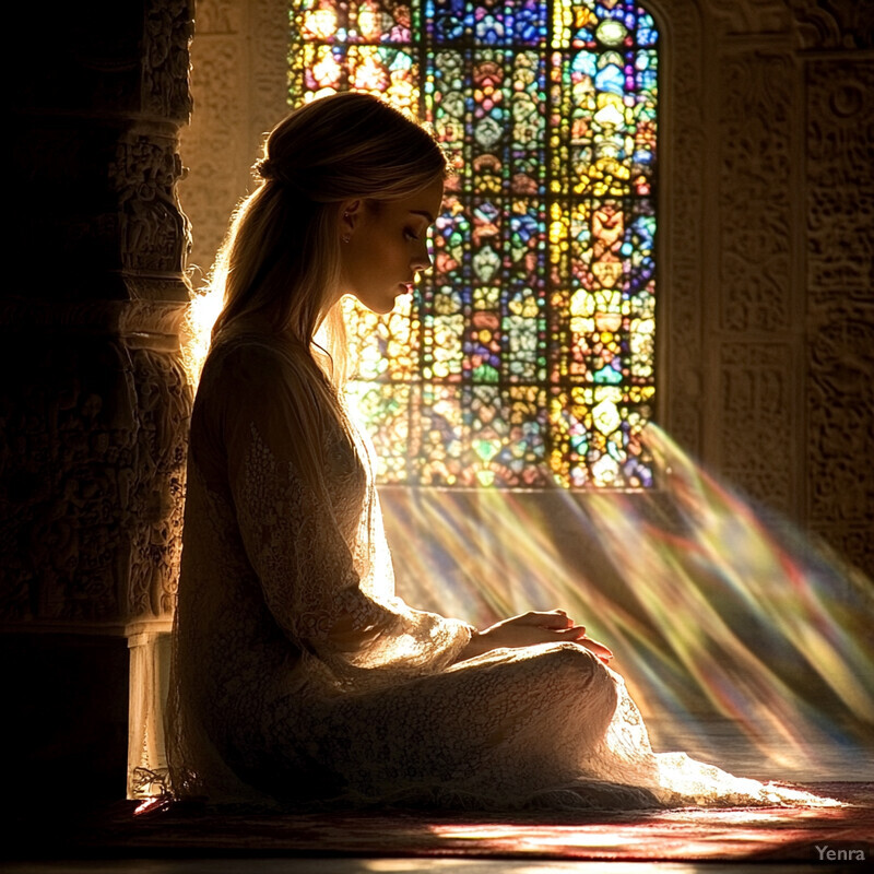 A woman sits on the floor in front of a stained glass window, bathed in natural light, exuding serenity and tranquility.