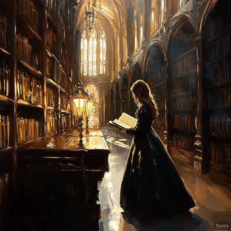 A woman stands in an ornate library, surrounded by tall bookshelves and holding a book open in her hands.