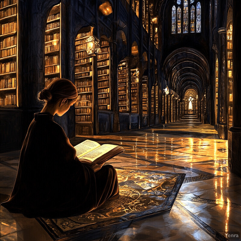 A woman sits on a rug in an ornate library, reading an ancient tome.