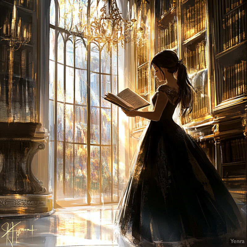 A young woman stands in a grand library surrounded by books and manuscripts.