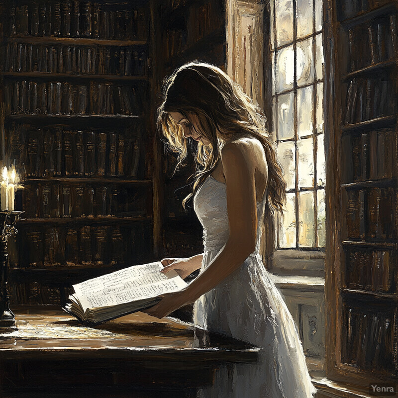 A woman reads a book at her desk in a well-lit room with bookshelves