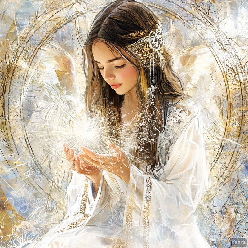 A serene and ethereal scene of an angelic figure adoring something or someone in their hands