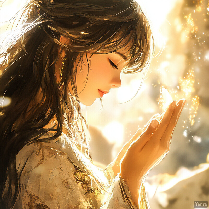 Ethereal woman in gold dress with hands raised in adoration