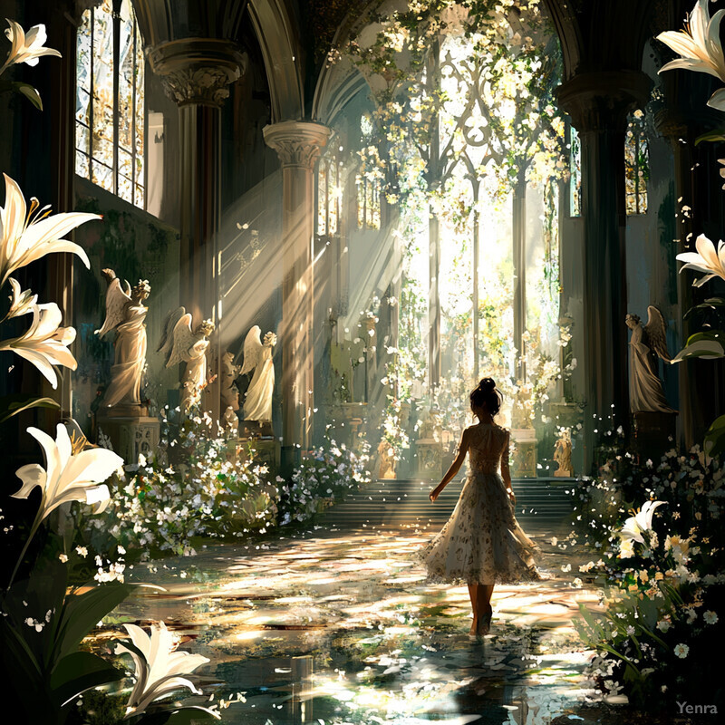 A serene and mystical scene of a woman in a white dress standing in front of an ornate archway, surrounded by lush greenery and vibrant flowers.