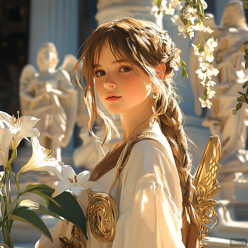 Young girl in white dress holding white flowers