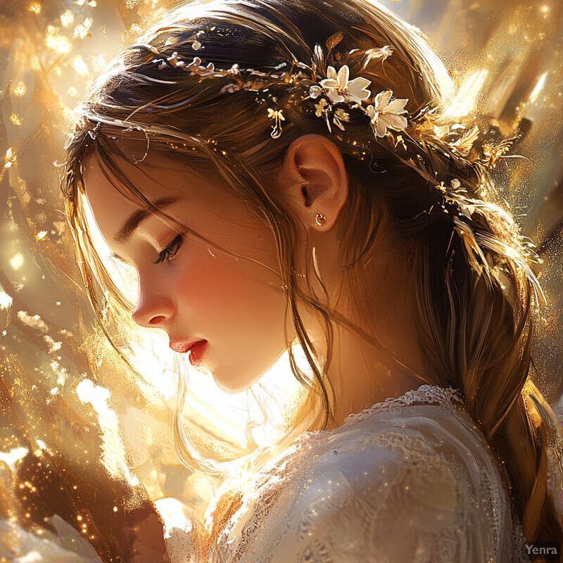 An angelic woman adorned with flowers in her hair and wearing a white dress