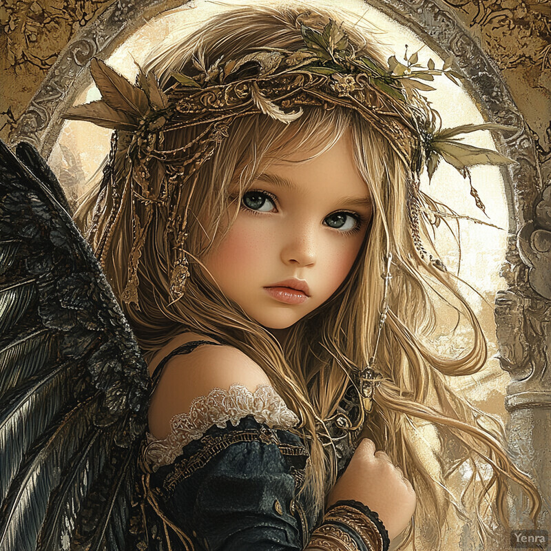 A young girl with long blonde hair and blue eyes wears an elaborate outfit featuring black feathers and gold embroidery, set against a subtle hint of light in the background.