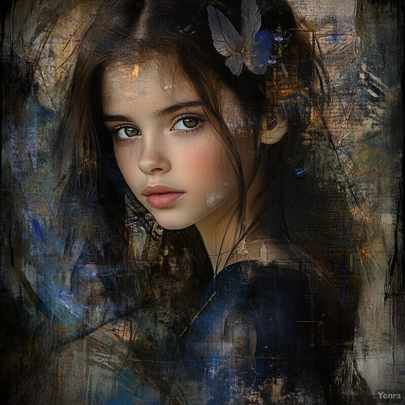 A young girl stands in front of an abstract background, surrounded by butterflies and foliage.