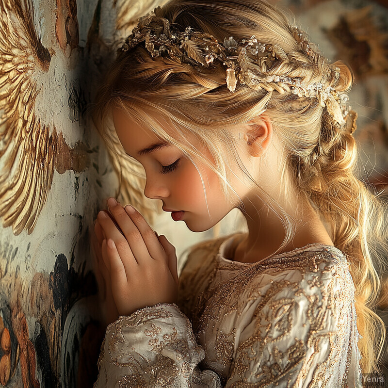 A young girl with blonde hair and a white dress prays against an angel mural