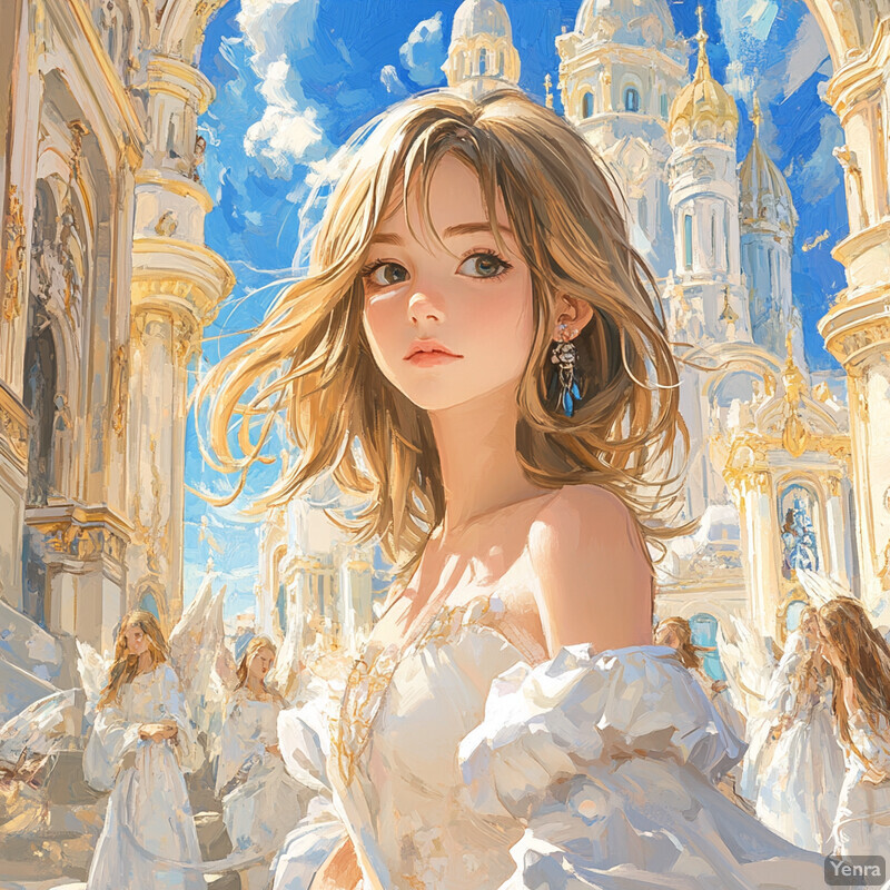 Anime-style illustration of a woman in front of a grand white building