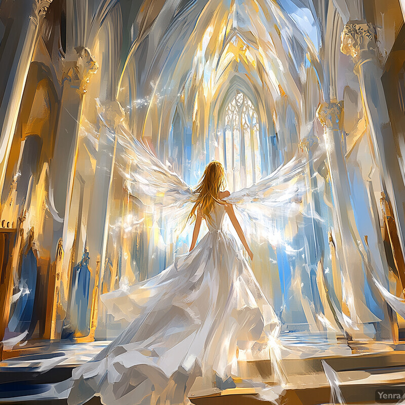 An angelic figure ascending from a grand cathedral