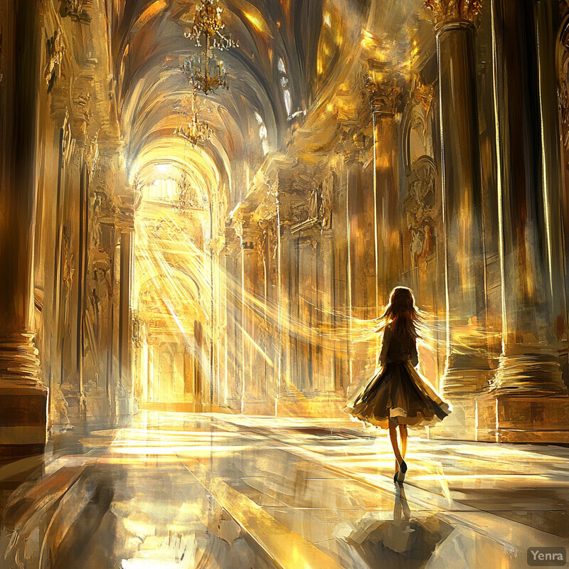 A woman in a flowing dress ascends into a radiant light emanating from an ornate archway