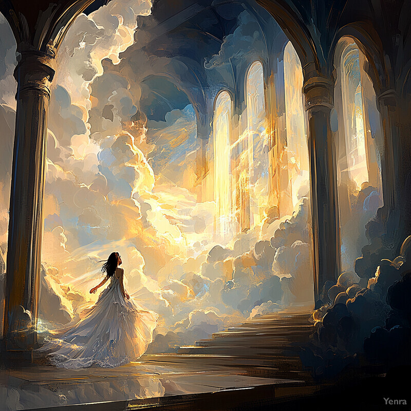 A woman in white ascends through a grand hall with columns and arches, surrounded by clouds and sunlight.