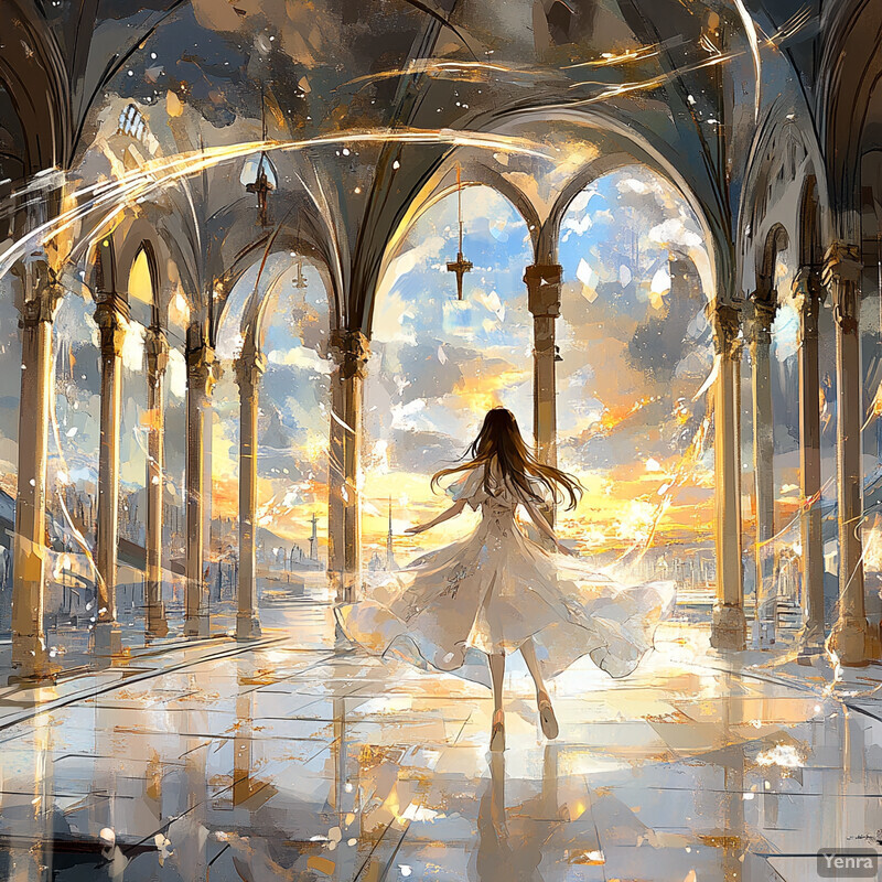 A young girl stands in an ornate room with arched windows and columns, wearing a white dress with a floral pattern, lost in thought as she gazes out the window.