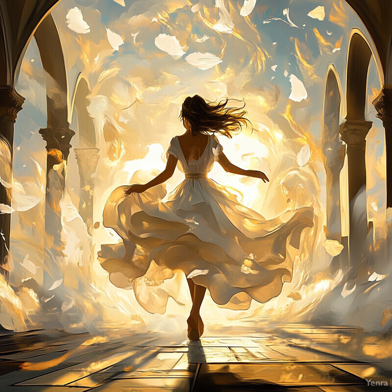 A woman in a flowing white dress ascends through an archway surrounded by swirling clouds of gold and white hues