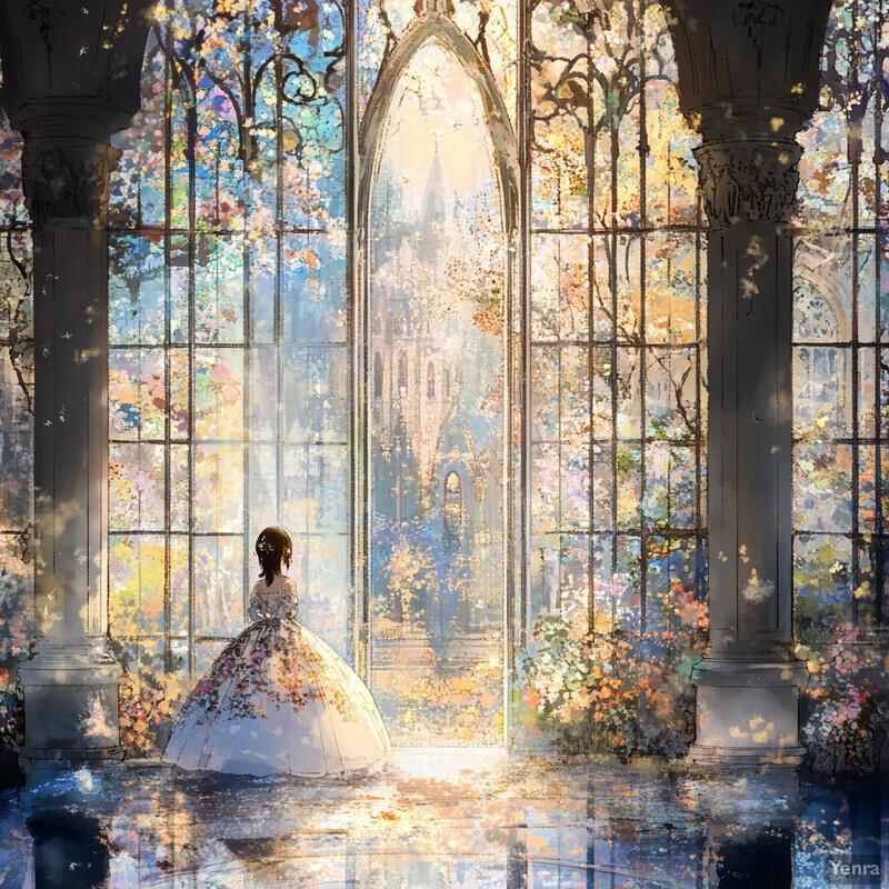 A young girl stands in front of a stained glass window, surrounded by lush greenery and vibrant flowers.