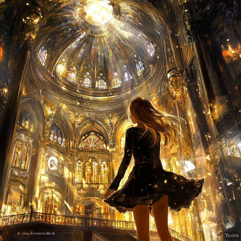 A woman stands in front of a cathedral