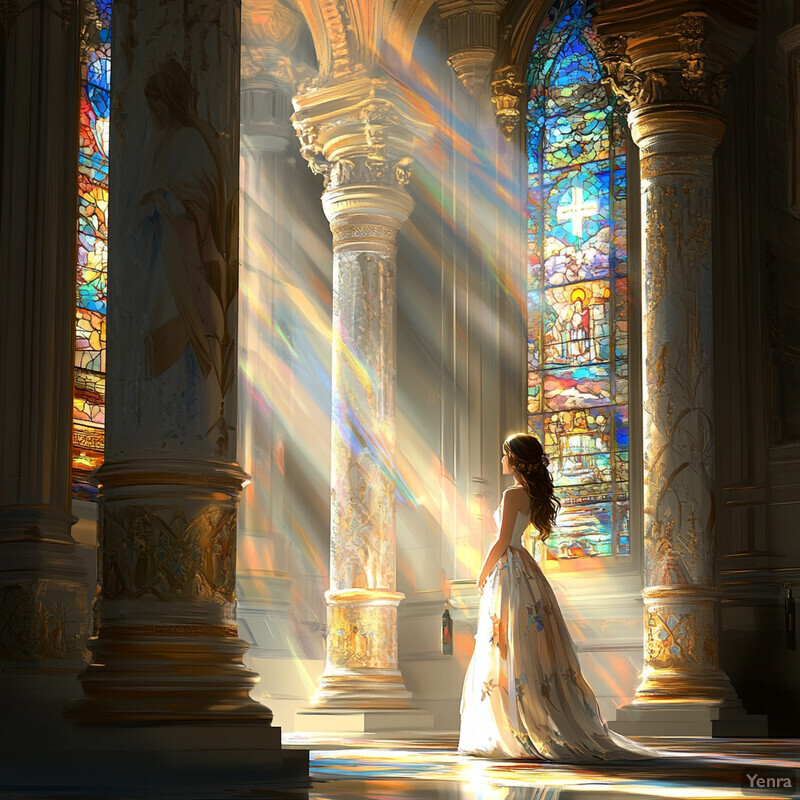 A woman stands in front of ornate columns and stained glass windows, exuding elegance and sophistication.