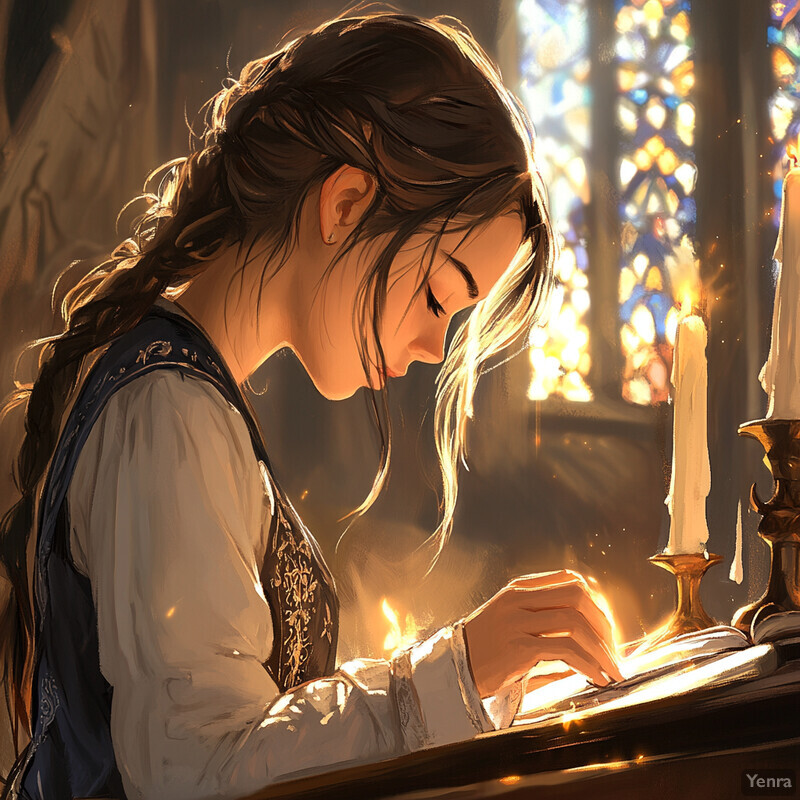 A woman sits at a desk, intently focused on her work in a peaceful and serene setting.