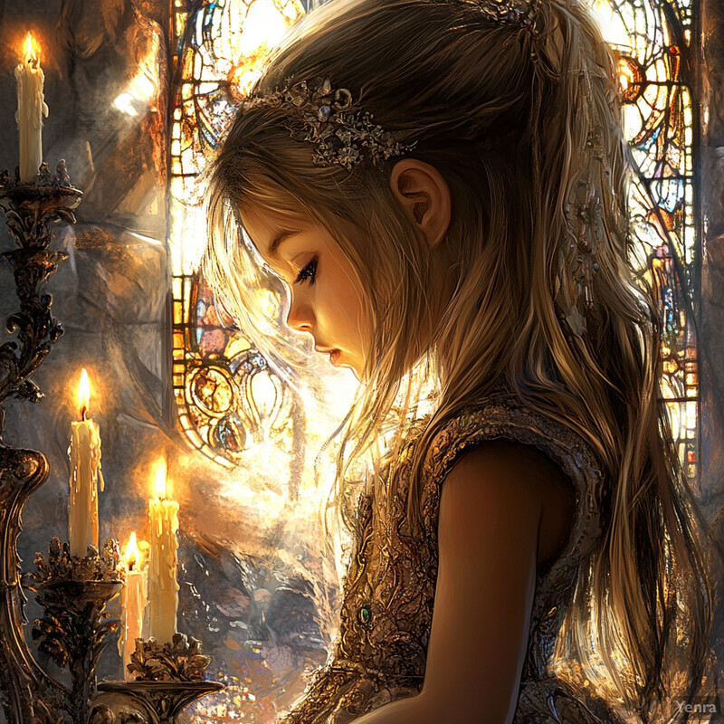 A young girl stands in front of a stained glass window, looking down at her hands in contemplation.