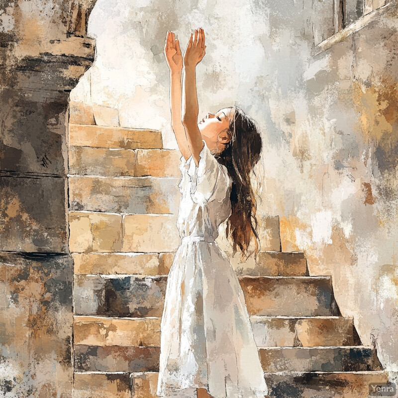 A woman in a white dress stands on stone steps with her hands raised towards the sky.