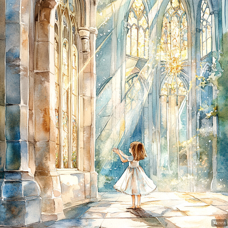 A young girl stands in front of a large stone building, looking up at it with curiosity.