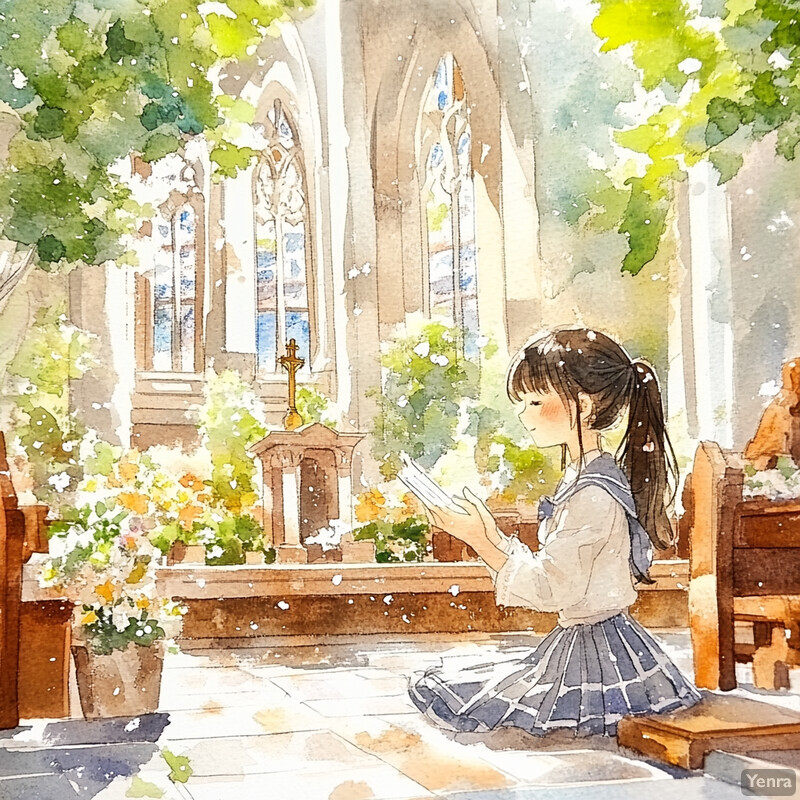 A young girl kneels in front of an altar, surrounded by greenery and flowers, conveying a sense of devotion and reverence.