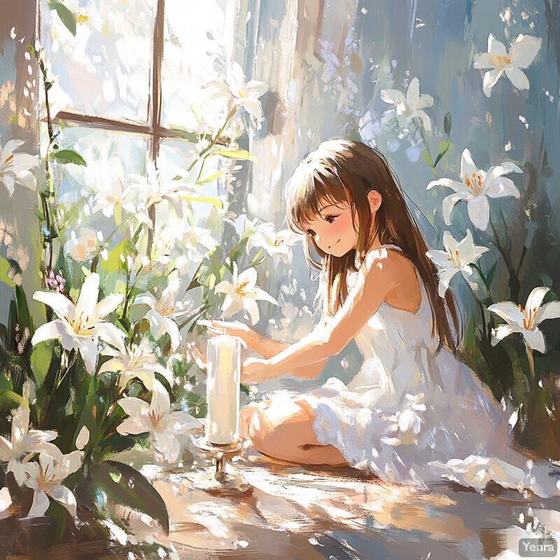 A young girl sits in front of a window surrounded by lush greenery and vibrant flowers, exuding a sense of tranquility and innocence.