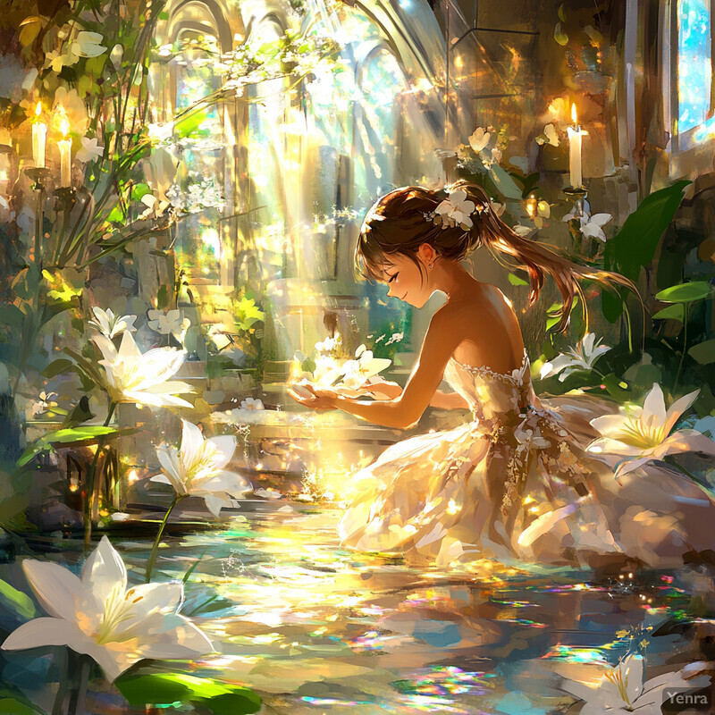 A woman in a white dress kneeling beside water, surrounded by greenery and flowers, evoking a sense of calmness and tranquility.