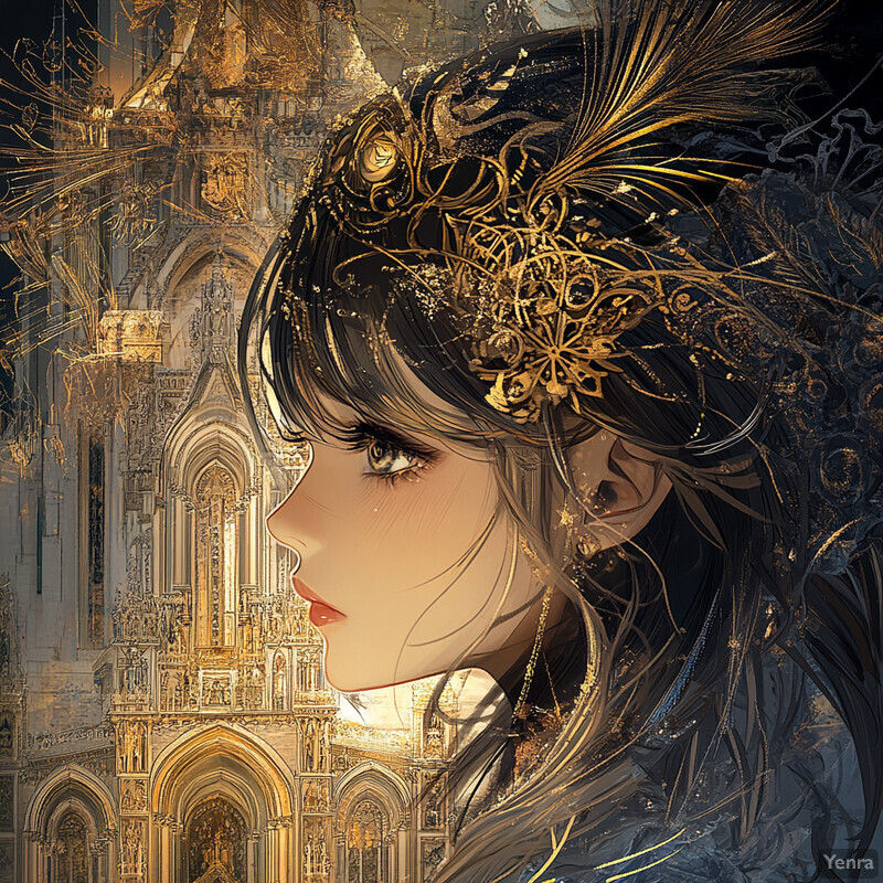 A woman in profile with intricate gold filigree adorning her head and face, gazing at an unseen beauty beyond the canvas's edge.