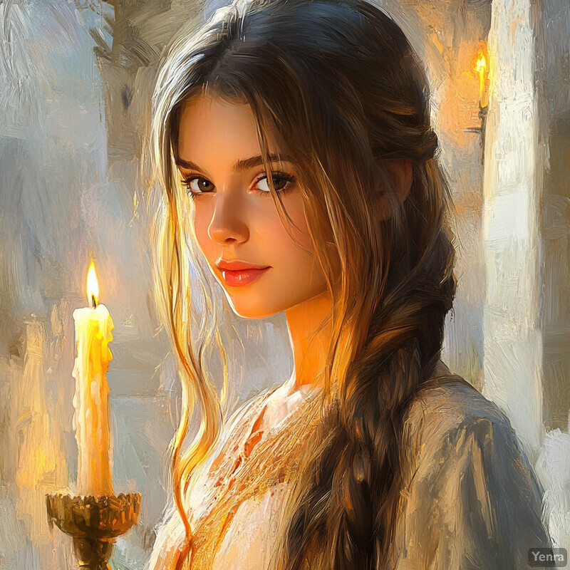 A young girl in a white dress gazes at a lit candle, exuding warmth and coziness.