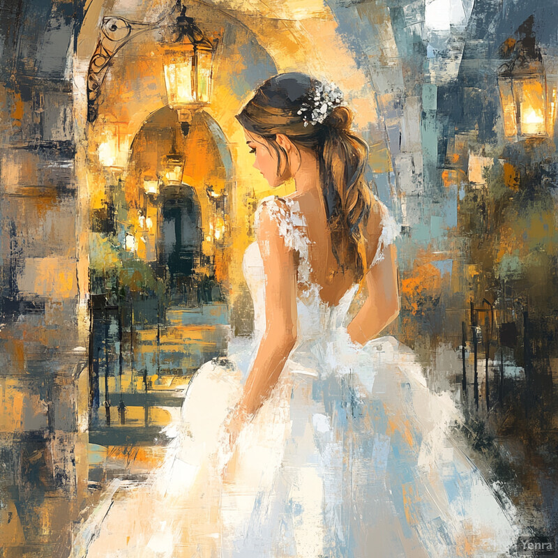 Impressionist-style painting of a woman in a wedding dress standing in front of an arched doorway or window