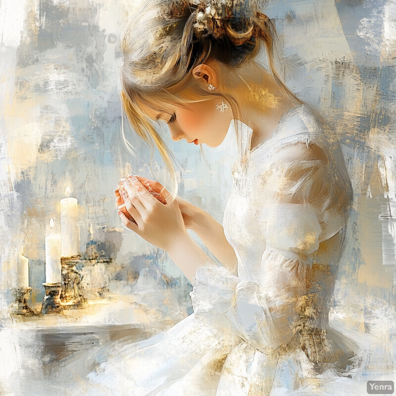 A serene image featuring a woman in white holding an object against a soft, muted-colored background with delicate brushstrokes.