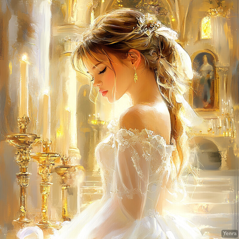 A woman in a wedding dress stands in a church surrounded by candles and religious symbols.