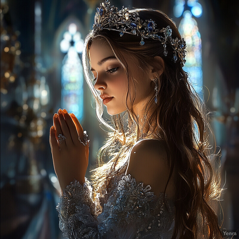 A young woman in a silver dress prays in front of a blurred church interior.